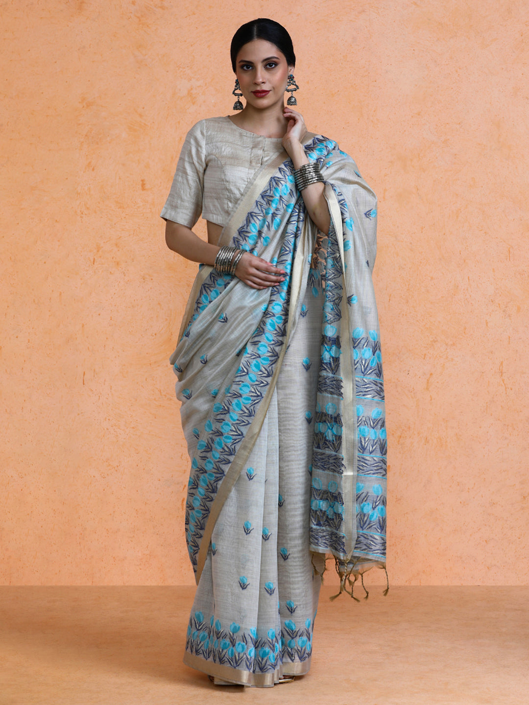 Aranya Cotton in Beige with Blue Motifs