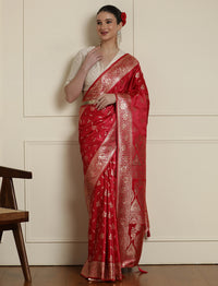 Ethnic Motif Woven Design Zari Banarasi Saree with Blouse Piece in Pink
