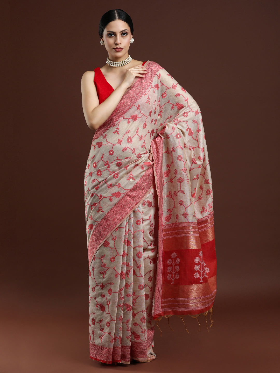 Woven Design Floral Chanderi Cotton Saree in Beige
