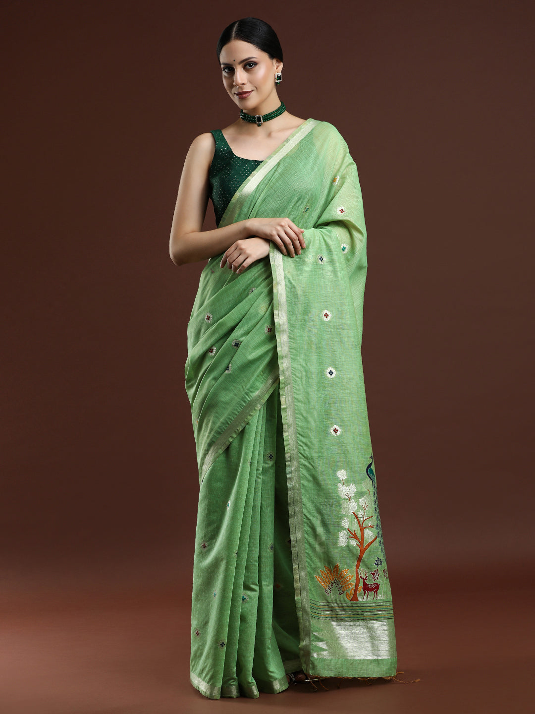 Woven Design Floral Muga Cotton Saree in Green