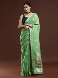 Woven Design Floral Muga Cotton Saree in Green
