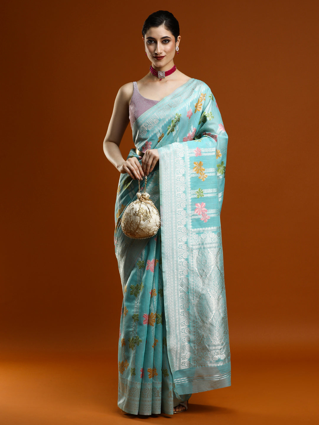 Sarha Floral Motifs Woven Design Zari Chanderi Saree in Light Blue
