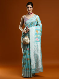 Sarha Floral Motifs Woven Design Zari Chanderi Saree in Light Blue