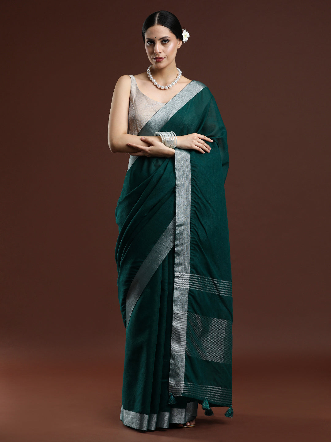 Woven Design Solid Bhagalpuri Linen Saree in Dark Green
