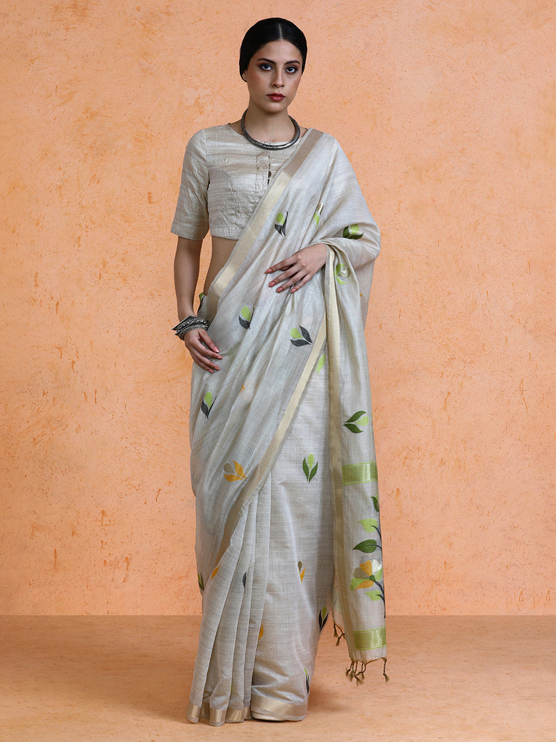 Rithika Cotton in Beige with Green Motifs