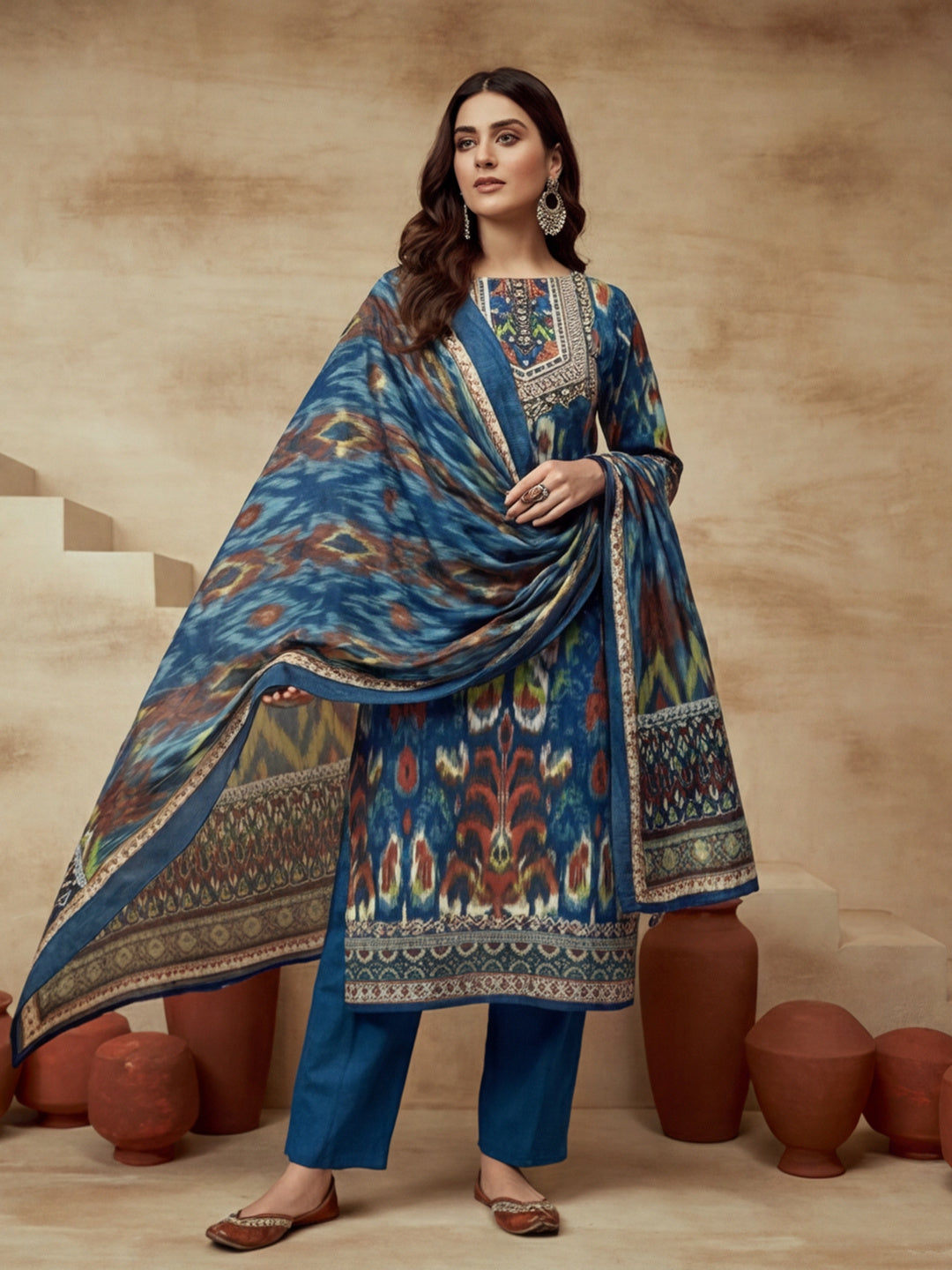 Embroidered Cotton Blend Round Neck Kurta & Trousers With Dupatta