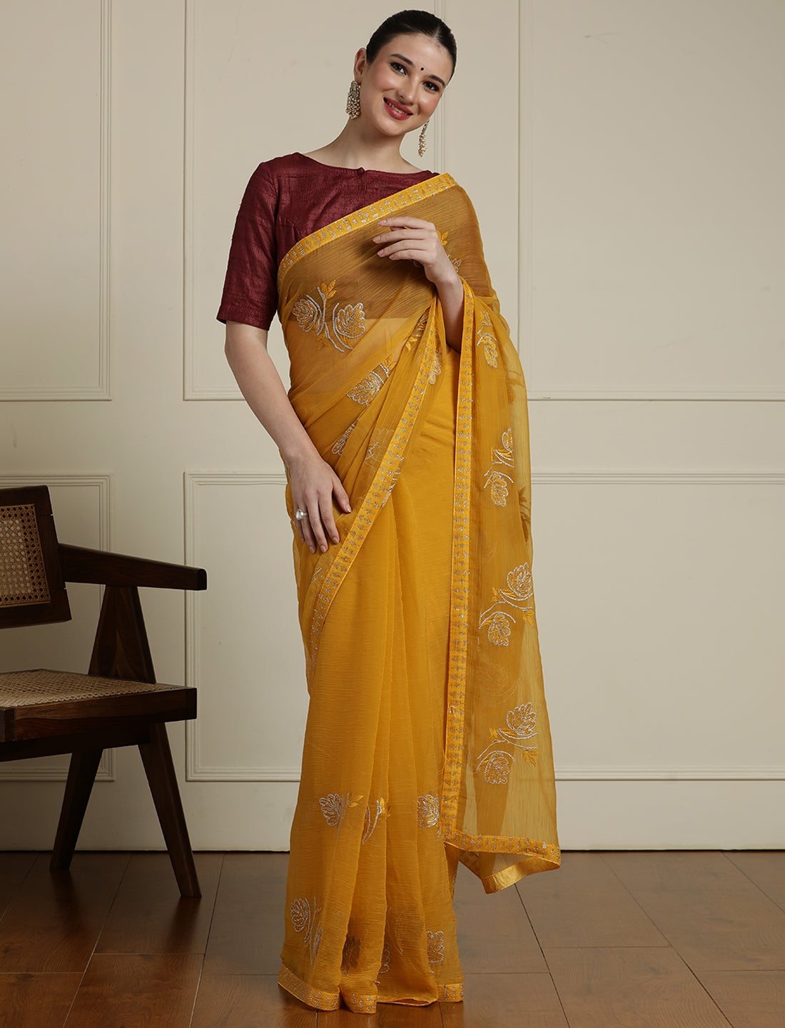 Floral Embroidered Beads and Stones Saree in Yellow