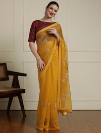 Floral Embroidered Beads and Stones Saree in Yellow