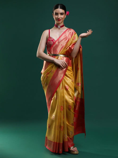 Sarha Woven Design Ethnic Motifs Zari Banarasi Saree in Yellow