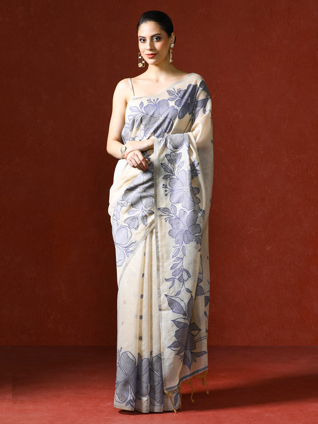 Floral Printed Chanderi Saree in grey