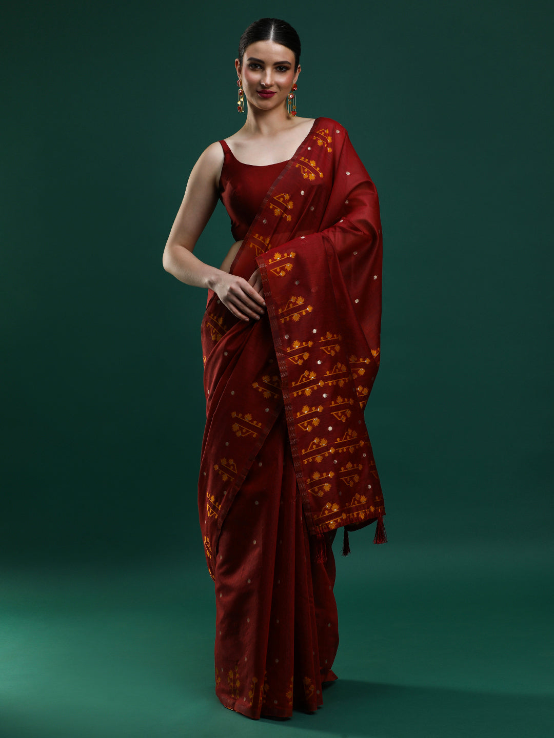 Sarha Ethnic Motifs Woven Design Zari Muga Saree in red