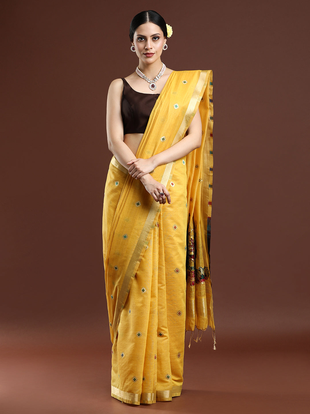 Woven Design Floral Muga Cotton Saree in Yellow