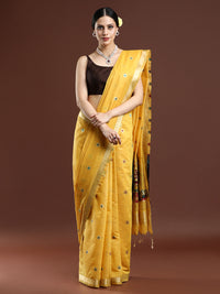 Woven Design Floral Muga Cotton Saree in Yellow