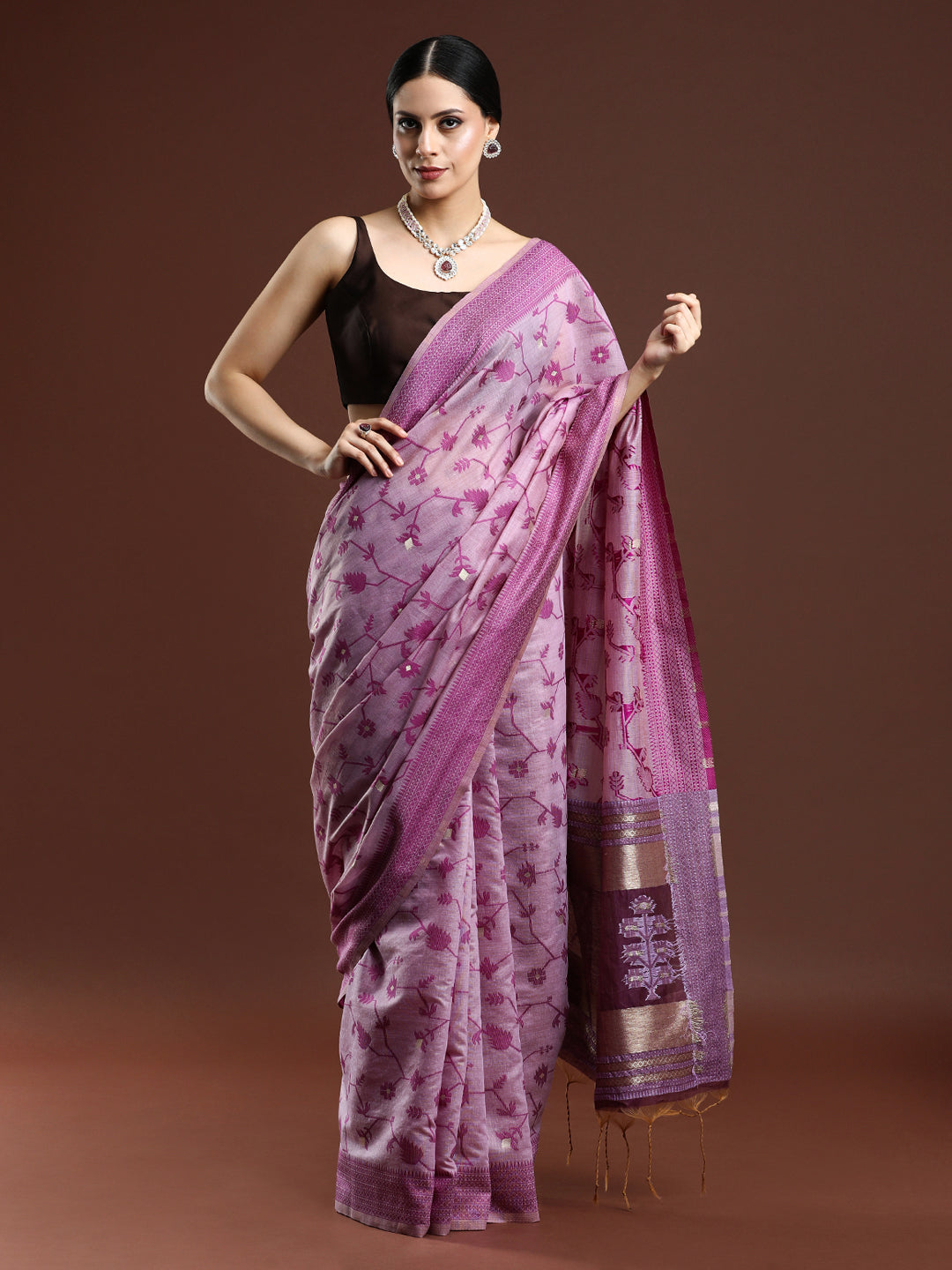 Woven Design Floral Chanderi Cotton Saree in Purple