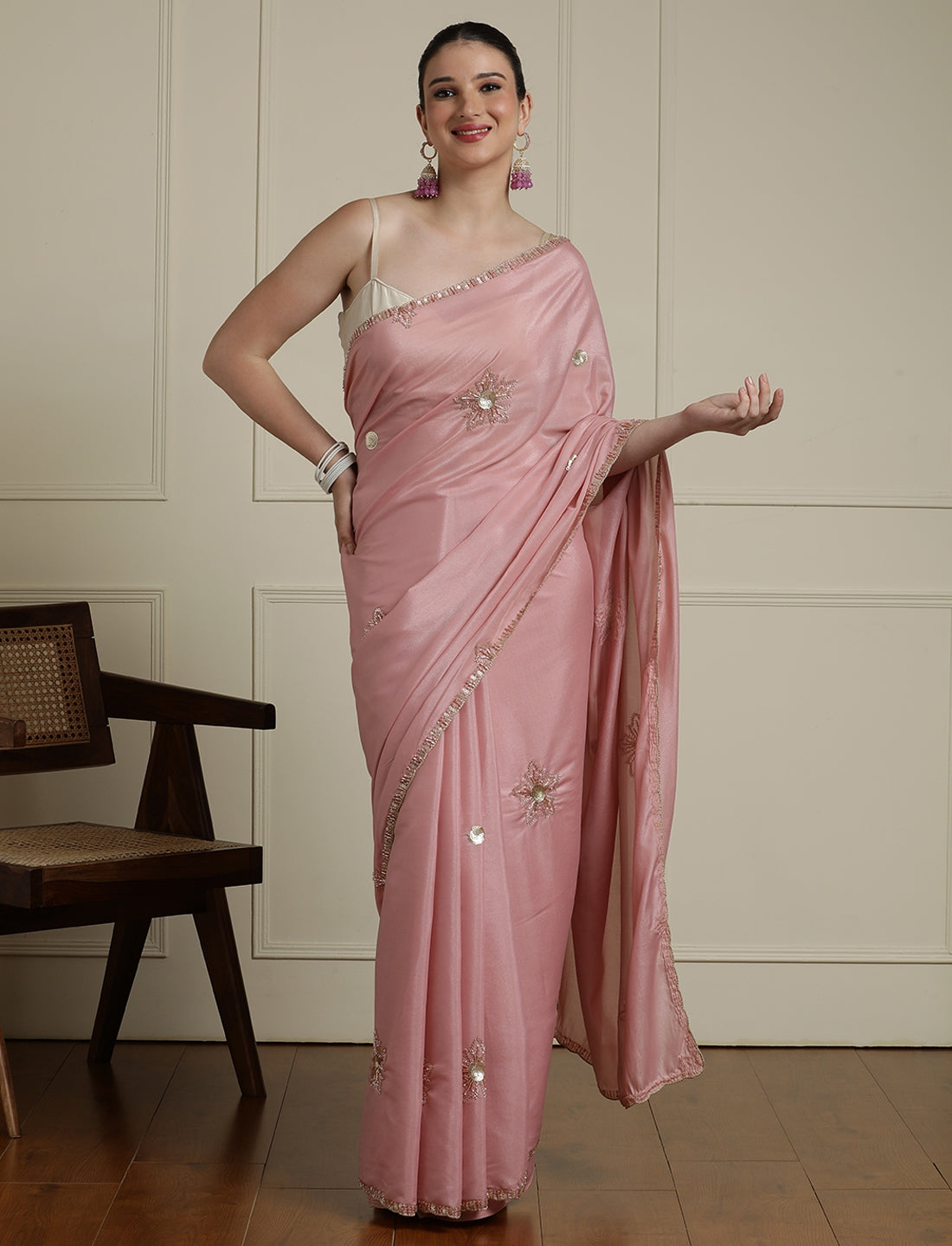 Embelished Saree With Blouse in Pink