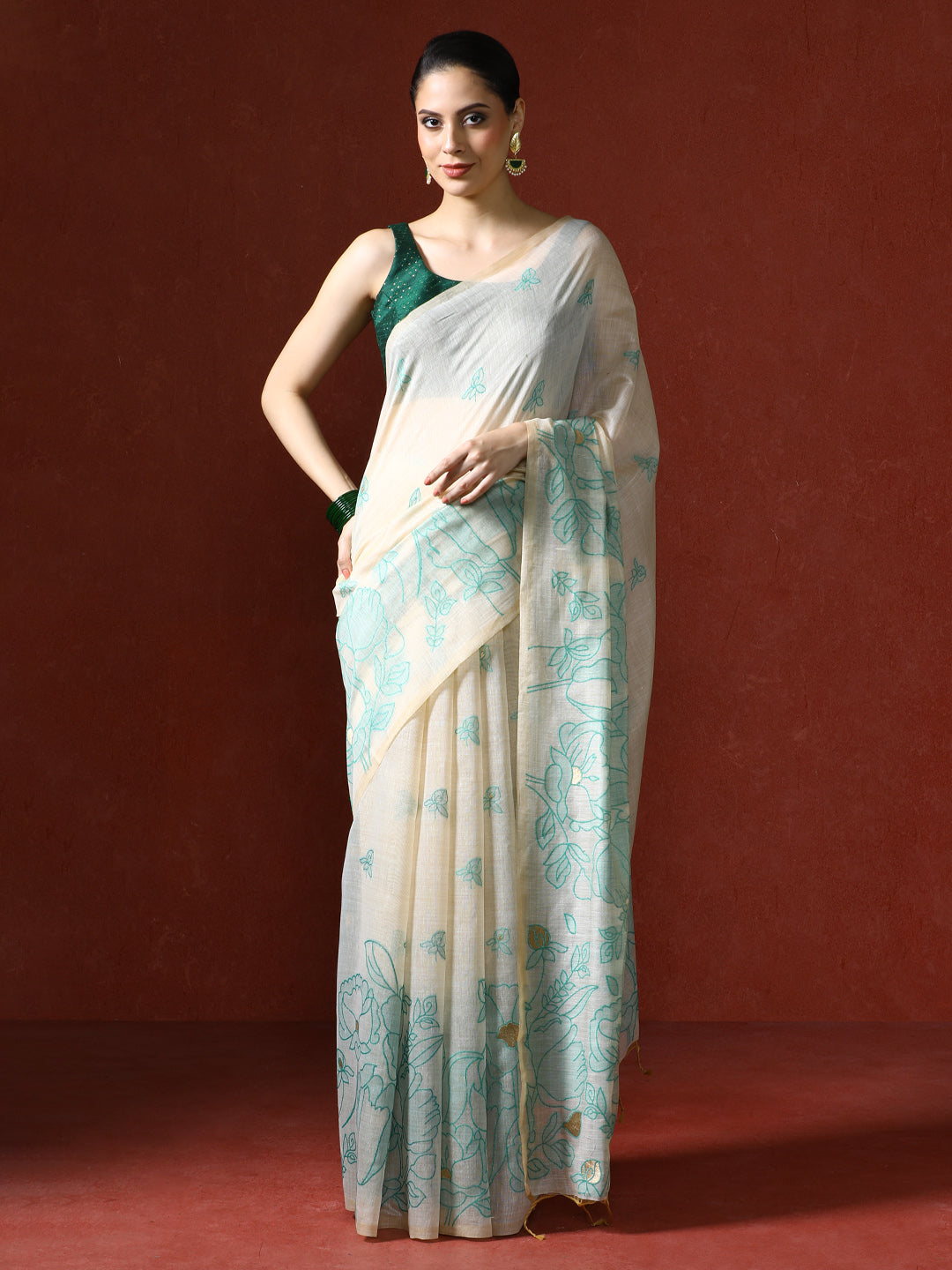 Floral Printed Zari Chanderi Saree in green
