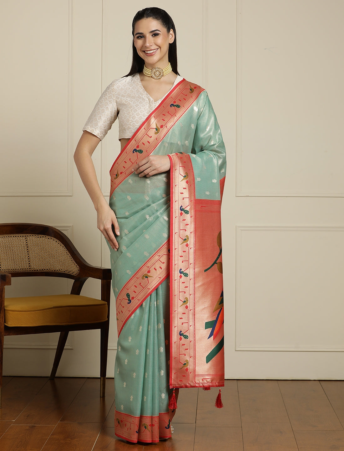 Paithani Woven Design Saree With Blouse in Sea Green and Orange