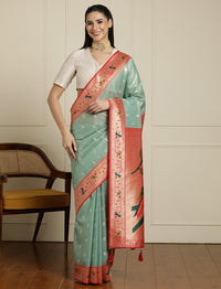 Paithani Woven Design Saree With Blouse in Sea Green and Orange