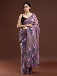Woven Design Floral Muga Cotton Saree in Lavender