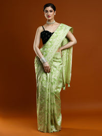 Sarha Floral Woven Design Zari Chanderi Saree in Light Green