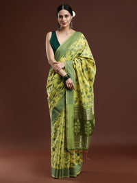 Woven Design Floral Chanderi Cotton Saree in Lime Green