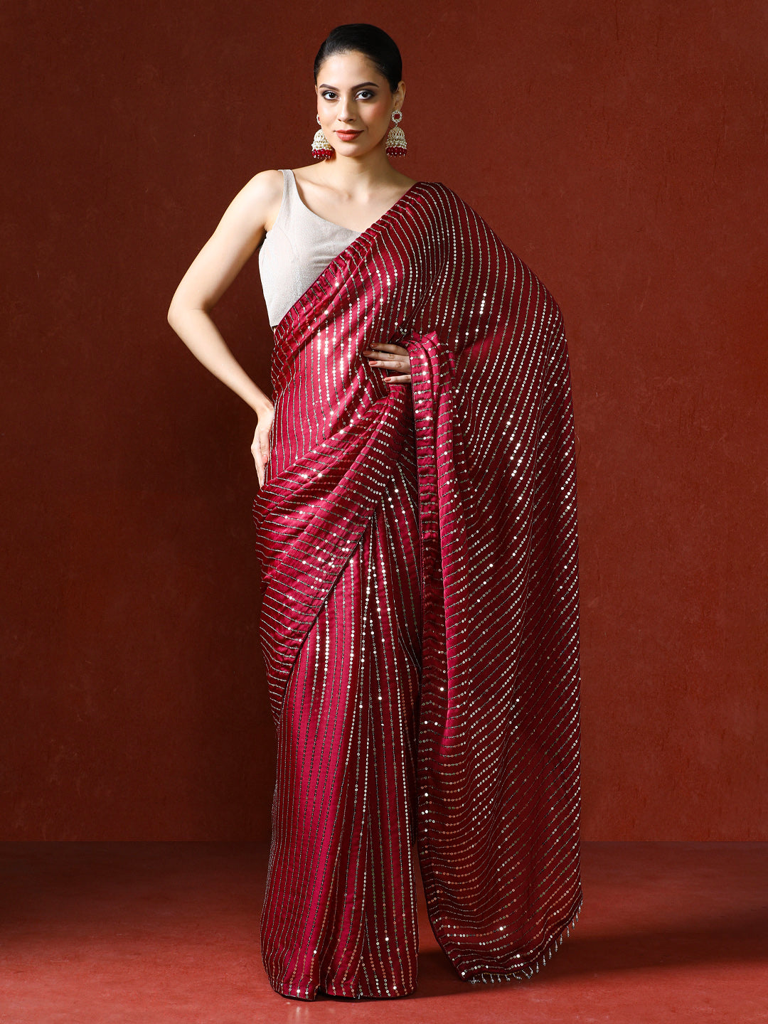 Women Sequinned Embellished Heavy Work Saree in red