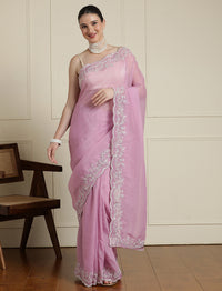 Sequinned Saree With Blouse in Pink
