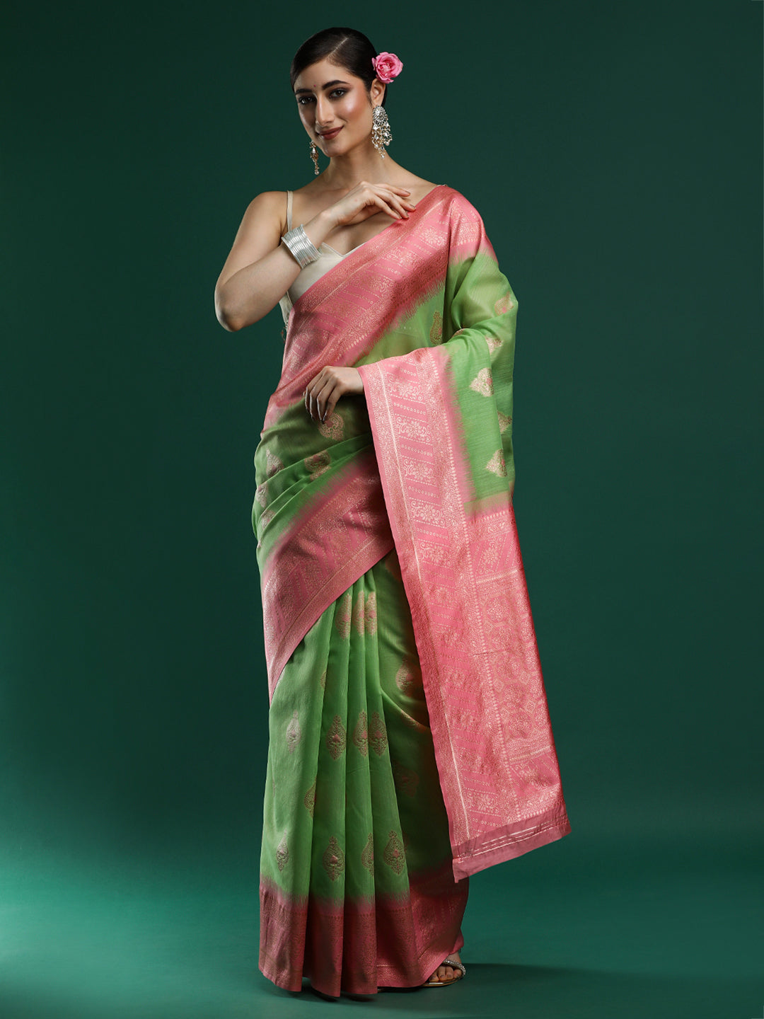 Woven Design Chanderi Cotton Saree in Green