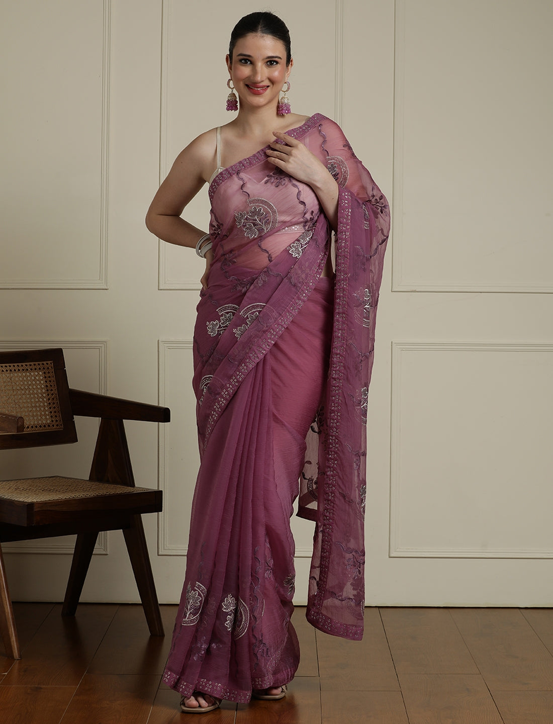 Floral Embellished Saree With Blouse Piece in Purple
