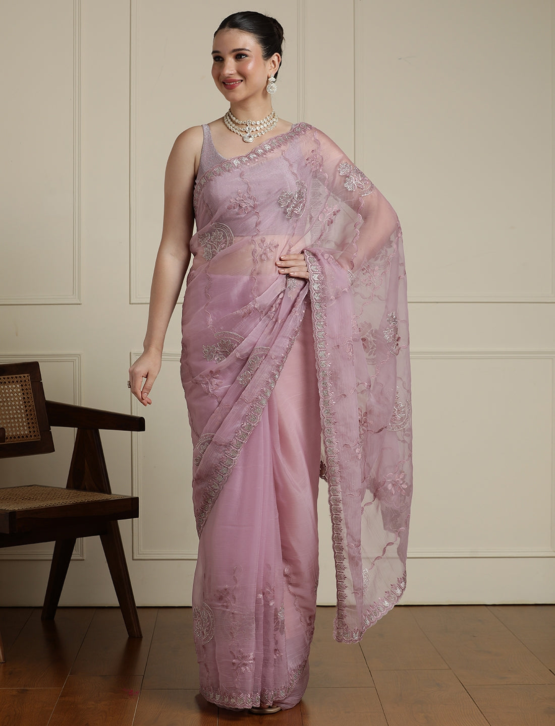 Floral Motifs Embroidered Saree with Unstitched Blouse in Purple