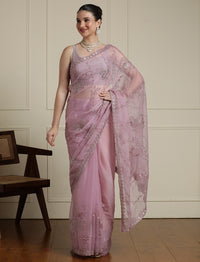 Floral Motifs Embroidered Saree with Unstitched Blouse in Purple