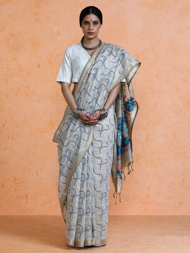 Zaika Cotton in Beige with Blue Motifs