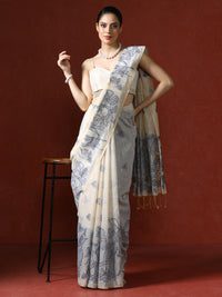 Floral Printed Zari Chanderi Saree in blue