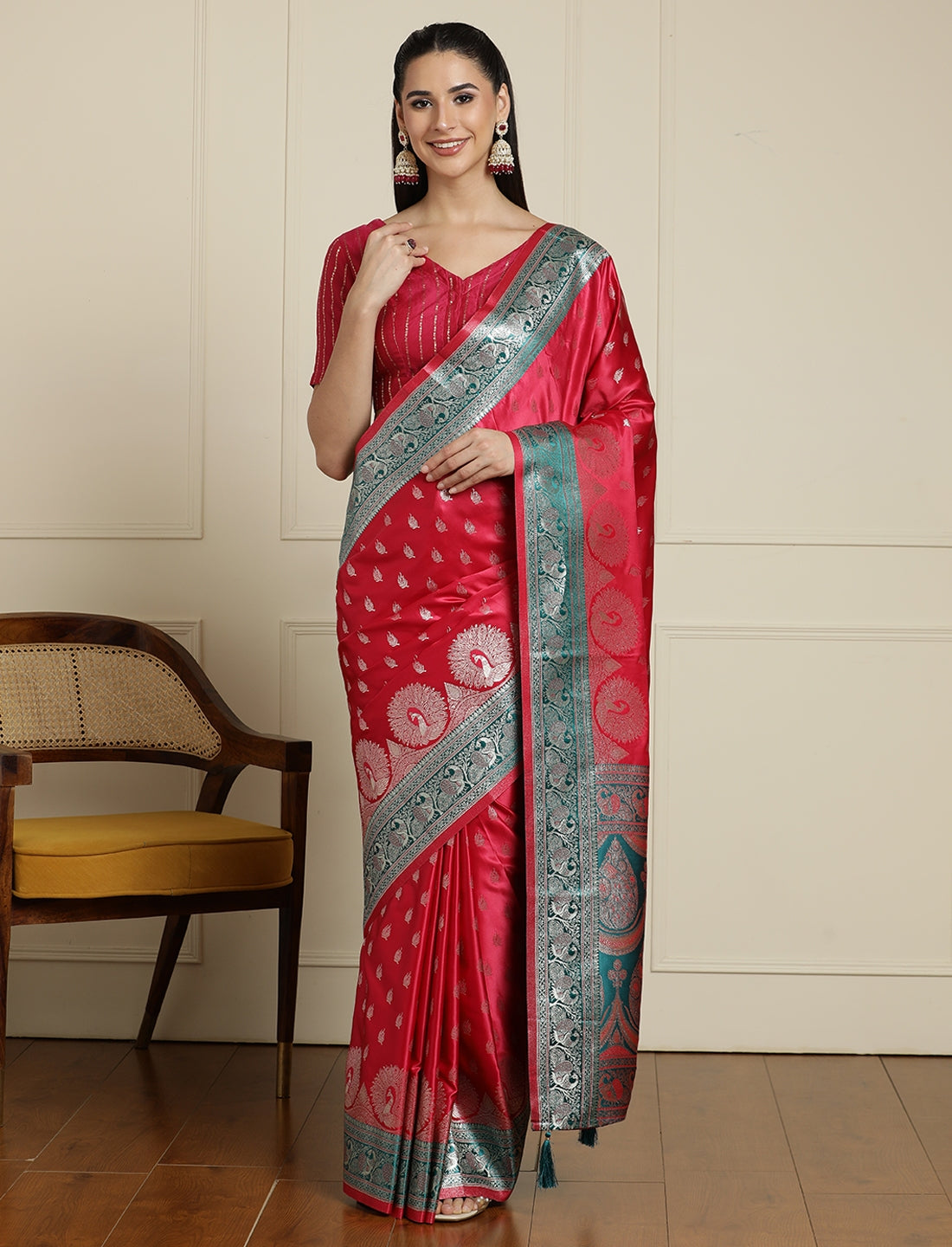 Ethnic Motifs Woven Design Zari Banarasi Saree in Pink