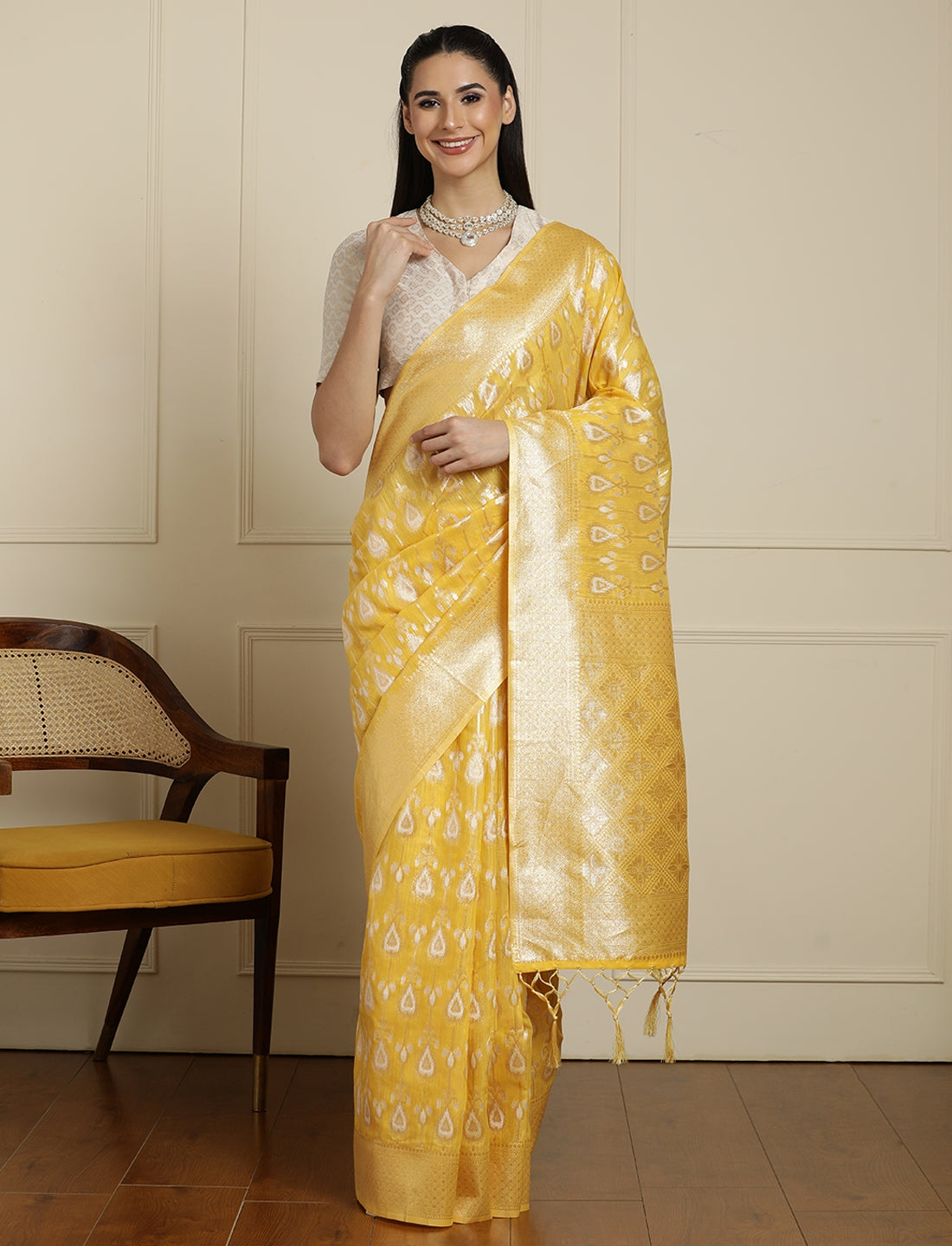 Geometric Woven Design Muga Saree With Blouse Piece in Yellow