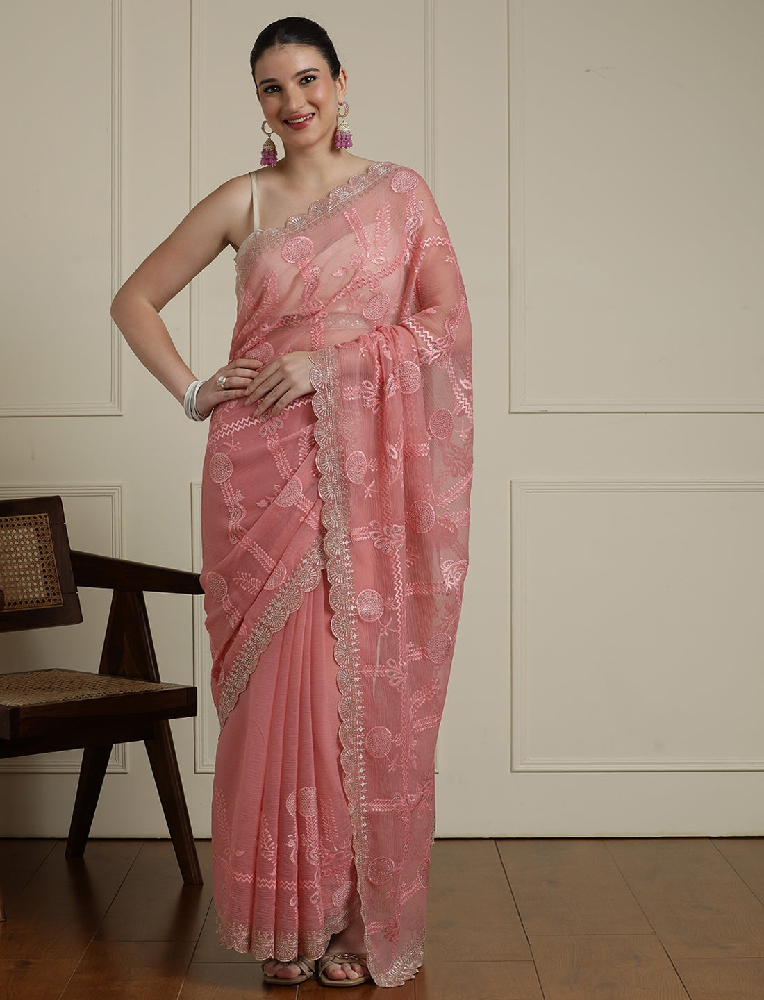 Floral Motif Embroidered Beads and Stones Saree in Pink