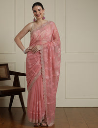 Floral Motif Embroidered Beads and Stones Saree in Pink