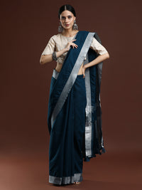 Woven Design Solid Bhagalpuri Linen Saree in Dark Blue