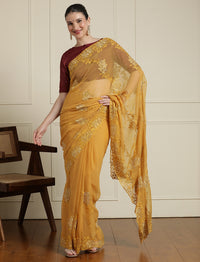 Floral Embroidered Sarees With Unstitched Blouse in Yellow