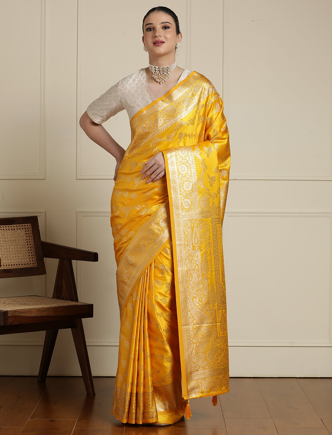 Ethnic Motifs Woven Design Banarasi Saree With Blouse in Yellow