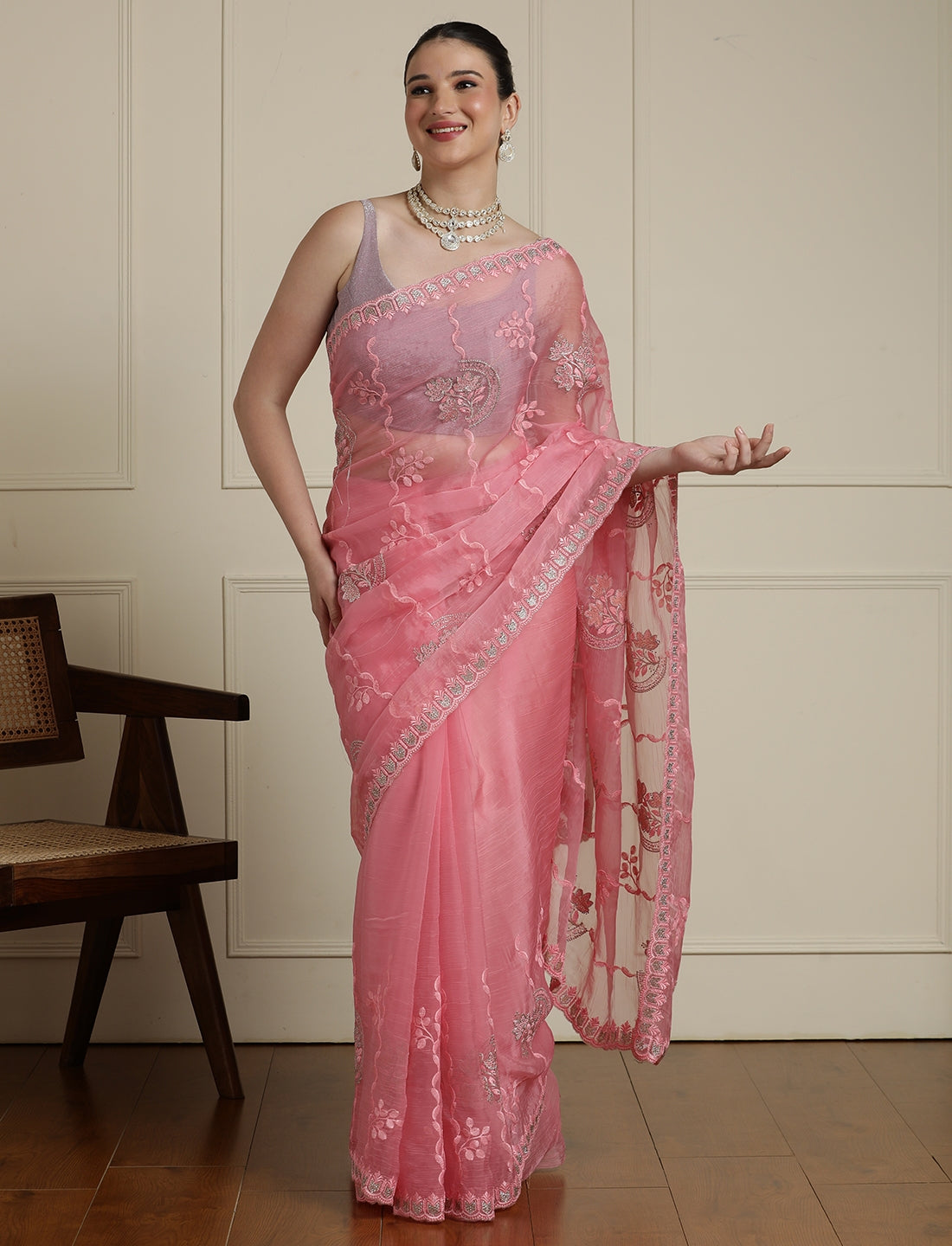 Floral Motifs Embroidered Saree with Unstitched Blouse in Pink