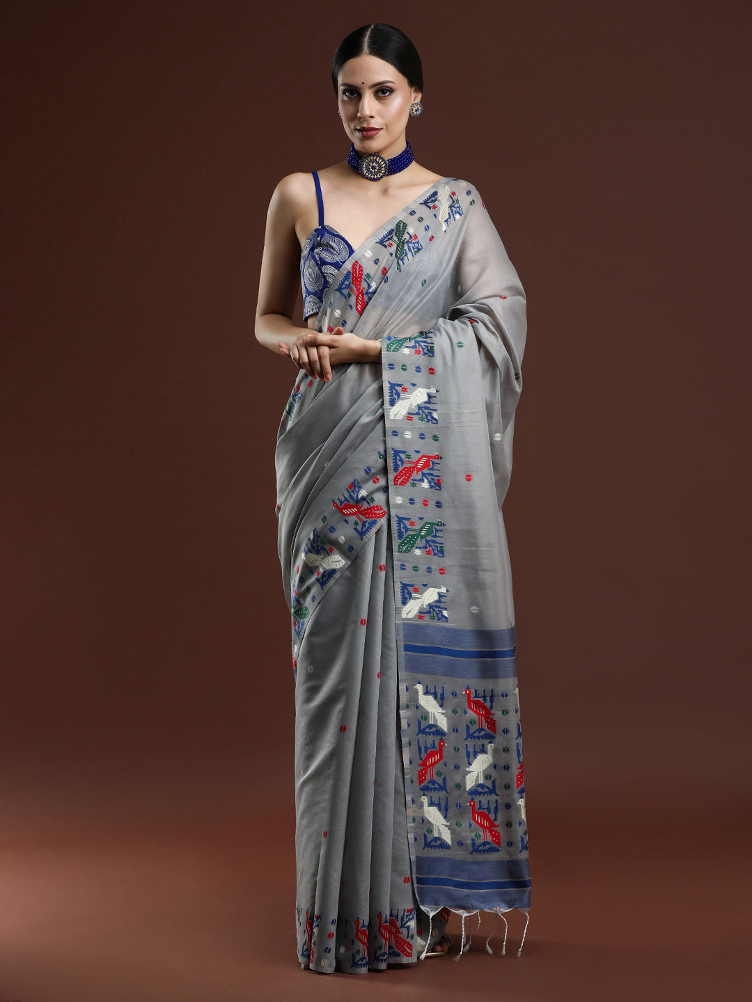 Woven Design Ethnic Motif Muga Cotton Saree in Grey