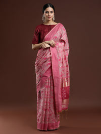 Woven Design Floral Chanderi Cotton Saree in Pink