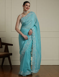 Solid Embellished Beads and Stones Saree in Blue