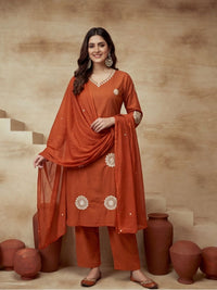 Embroidered Cotton Blend V-Neck Kurta & Trousers With Dupatta
