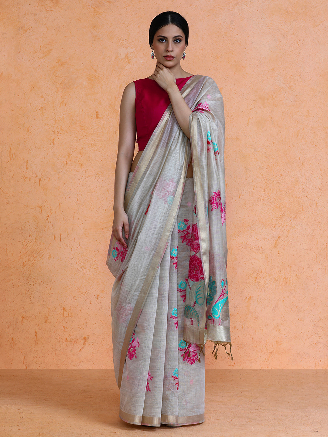 Leela Cotton in Beige with Pink Motifs