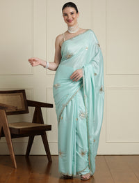 Floral Embroidered Beads and Stones Saree in Blue