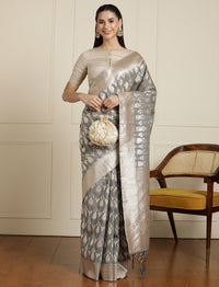 Ethnic Geometric Woven Design Muga Saree With Blouse Piece in Grey