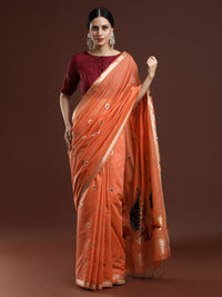 Woven Design Floral Muga Cotton Saree in Orange