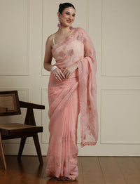 Floral Motifs Embroidered Saree with Unstitched Blouse in Peach